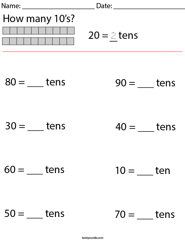 How Many 10's Math Worksheet - Twisty Noodle